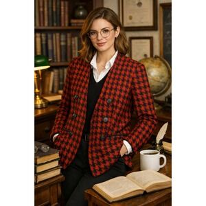 Bar III Size 18W Longline Blazer Jacket Red Black Houndstooth Holiday Winter